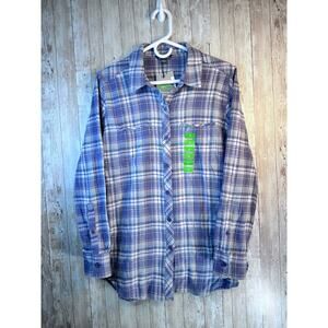 Eddie Bauer Flannel‎ Shirt Womens L Purple Autumn Plaid Roll Tab Button Up NWT